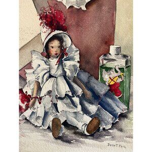 Vtg 1930's Still Life Water Color Painting Of A Children's Doll  New